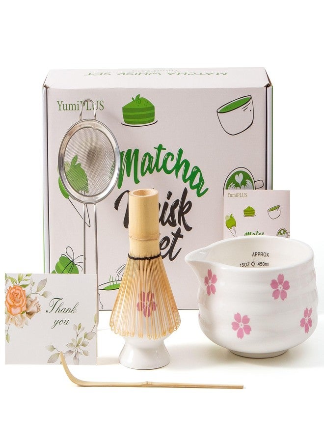 YumiPLUS 5pcs Premium Matcha Set,Ceramic Bowl with Spout and Bamboo Whisk set, Ceremonical Matcha Kit for breakfast/latte,Tea Starter Making Kit,Unique Matcha Gift set (sakura) - Image 1