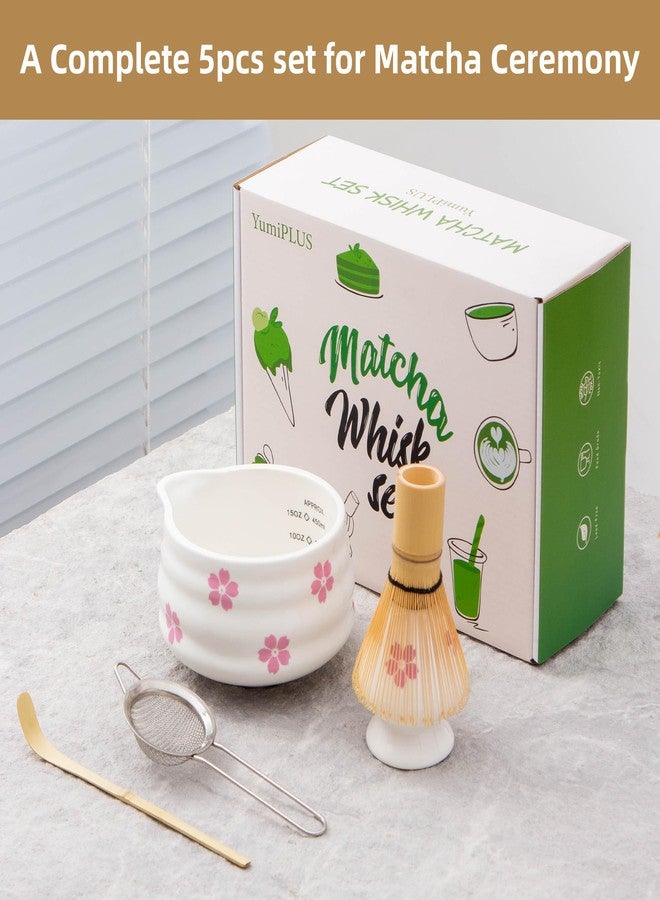 YumiPLUS 5pcs Premium Matcha Set,Ceramic Bowl with Spout and Bamboo Whisk set, Ceremonical Matcha Kit for breakfast/latte,Tea Starter Making Kit,Unique Matcha Gift set (sakura) - Image 2