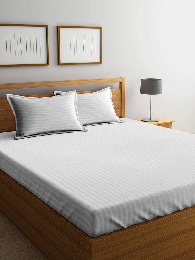100 COTTON CLASSIC STRIPE 210 TC KING BED SHEET SET WHITE