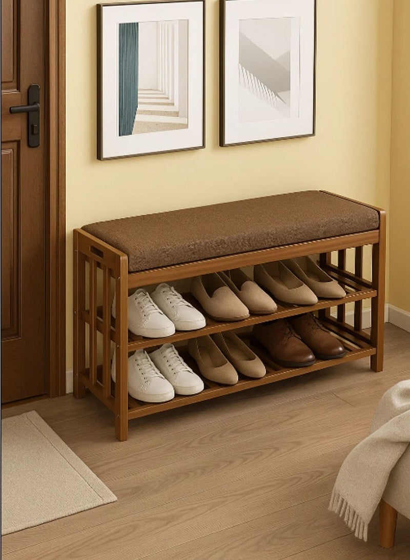 LINGWEI Bamboo Shoe Rack with Bench Wooden Shoe Cabinet with Seat for Entryway Brown 80x45x27cm  - Image 1