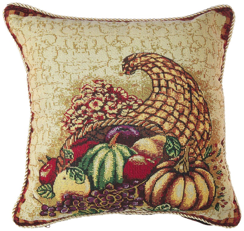 Violet Linen Fall Harvest CollectionTapestry Cornucopia with Pumpkins and Fruits Design 18 x 18 Cushion Cover