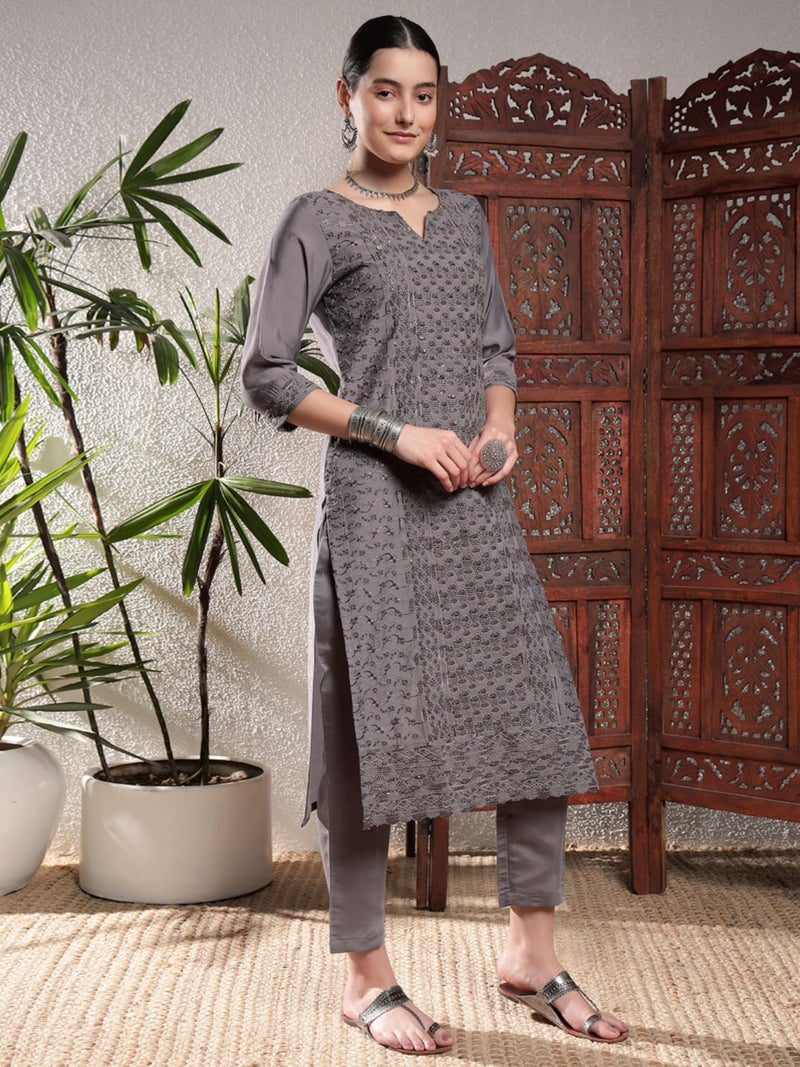 SHOPPING QUEEN Women's Chinon Silk Embroidered Kurta Set with Dupatta (A616_Fossil Grey_M) - Image 3