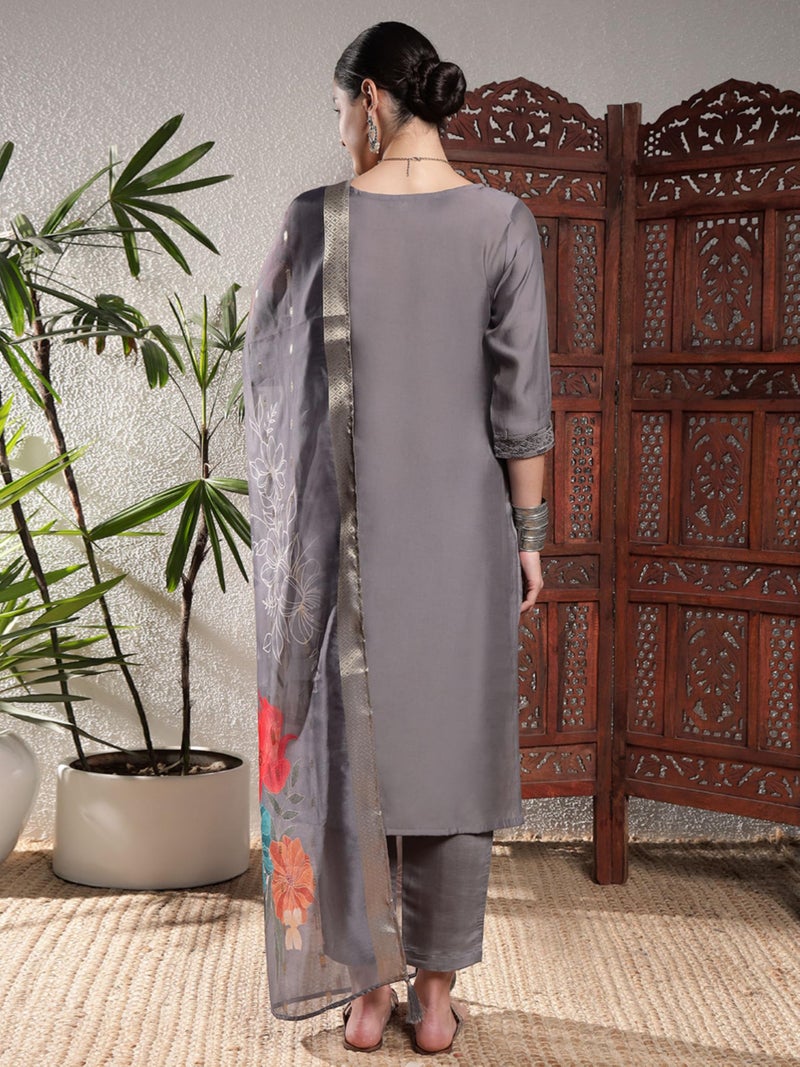 SHOPPING QUEEN Women's Chinon Silk Embroidered Kurta Set with Dupatta (A616_Fossil Grey_M) - Image 2