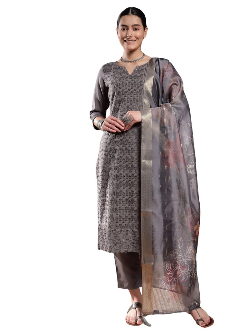 SHOPPING QUEEN Women's Chinon Silk Embroidered Kurta Set with Dupatta (A616_Fossil Grey_M) - Image 1