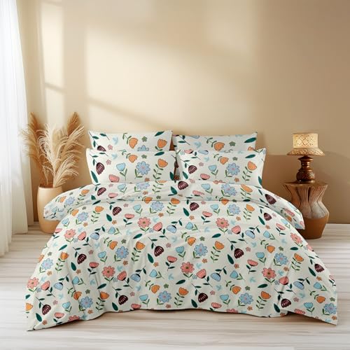 LOOMLYFE 300 TC All Season King Size AC Comforter || Blanket || Duvet for Double Bed with 1 Flat Bedsheet and 2 Large Pillow Covers - 4 Piece Comforter Set - PeachFlower - Image 1