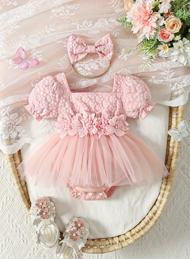 Baby Girl Lace Romper with Floral Design, Newborn Tulle Onesie Dress, Infant Sleeveless Jumpsuit for Special Occasions  - Image 1