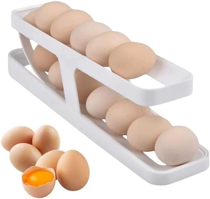EGG HOLDER FOR REFRIGERATOR 2 LAYERS AUTOMATIC ROLLING EGG DISPENSER WHITE