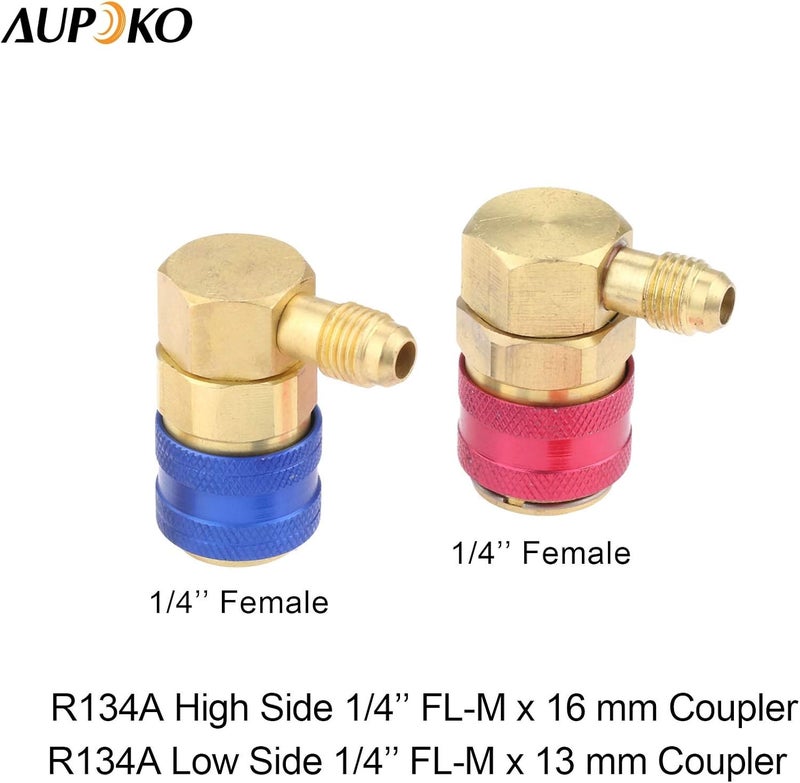 Aupoko R12 to R134A Conversion Quick Connect Coupler Kit, High/Low Side 90 Degree Angle Quick Coupler Manifold Gauge Set with R134A 1/2" Female x 1/4" SAE Male Tank Adapter - Image 3