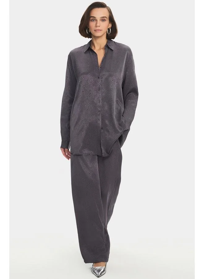 JUNE June Women Viscose Blend Self-Patterned Shirt Trouser Set Grey