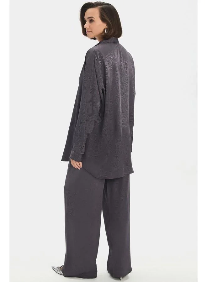 JUNE June Women Viscose Blend Self-Patterned Shirt Trouser Set Grey