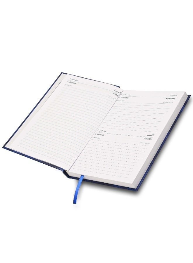 FIS 2027 A5 Diary, 148x210mm Size, Hard Cover Vinyl, 1 Day a Page Format, Saturday and Sunday Combined, English/Arabic, 60gsm White Paper, Blue Cover-FSDI90AE27BL - Image 2