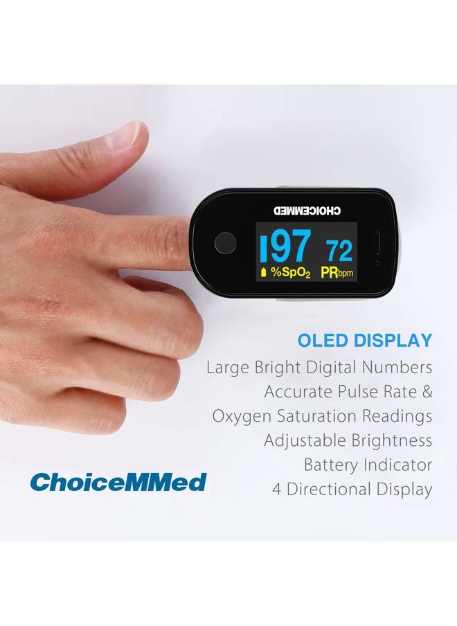 ChoiceMMed Black Dual Color OLED Finger Pulse Oximeter - Blood Oxygen Saturation Monitor with Color OLED Screen Display and Included Batteries - O2 Saturation Monitor  - Image 3