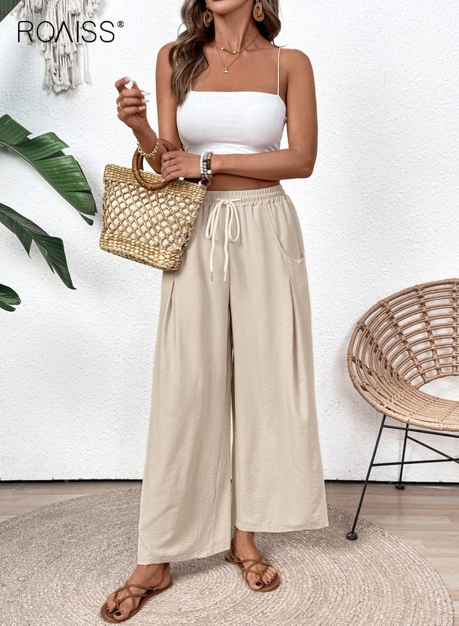 roaiss Lace Apricot Flowy Palazzo Pants for Women with High Waist Wide Leg Design Ladies Lightweight Fabric Soft Elastic Waistband Long Pants Breathable Summer Trousers Fluid Drape - Image 4