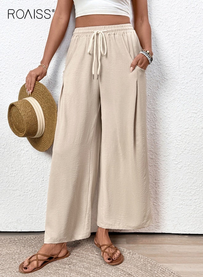 roaiss Women High Waisted Trousers, Wide Leg Pants for Ladies, Stylish Lightweight Pants with Side Pockets, Versatile Drawstring Slacks with Elastic Waist, Suitable for Daily Wear or Any Casual Occasion - Image 1