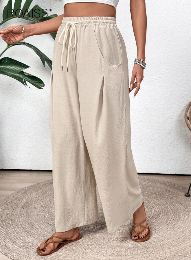 roaiss Women High Waisted Trousers, Wide Leg Pants for Ladies, Stylish Lightweight Pants with Side Pockets, Versatile Drawstring Slacks with Elastic Waist, Suitable for Daily Wear or Any Casual Occasion - Image 2