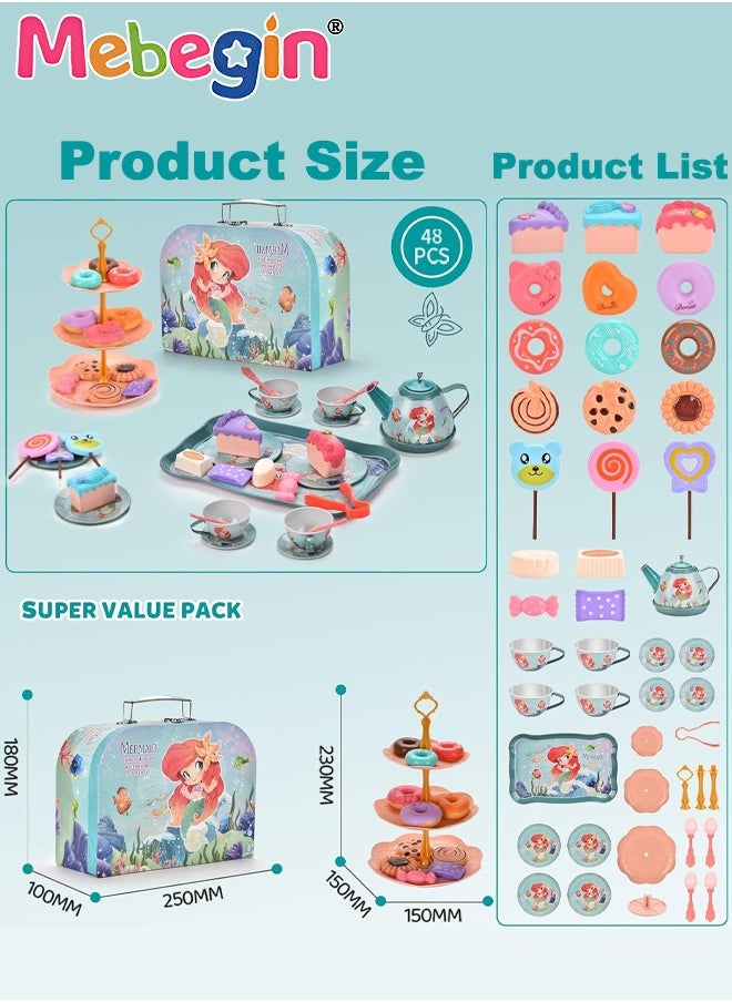 MEBEGIN 48pc Mermaid Tea Party Set for Little Girls,Birthday Gifts for Age 3 4 5 6 Year Old Girls,Pretend Tin Teapot, Cups, Plates,and Food Sweet Treats Playset for Princess Tea Time Play Kitchen Toys  - Image 3