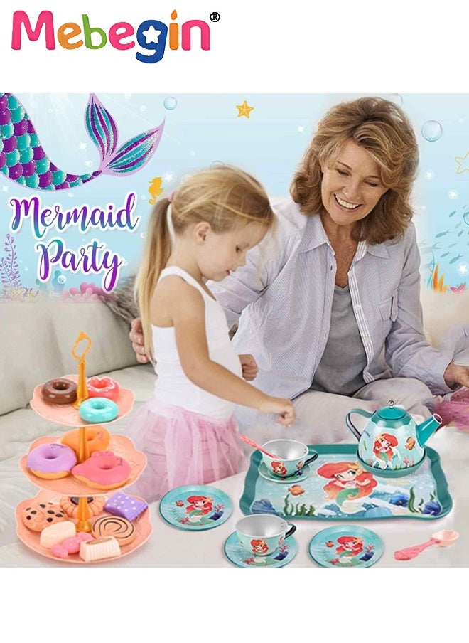 MEBEGIN 48pc Mermaid Tea Party Set for Little Girls,Birthday Gifts for Age 3 4 5 6 Year Old Girls,Pretend Tin Teapot, Cups, Plates,and Food Sweet Treats Playset for Princess Tea Time Play Kitchen Toys  - Image 2