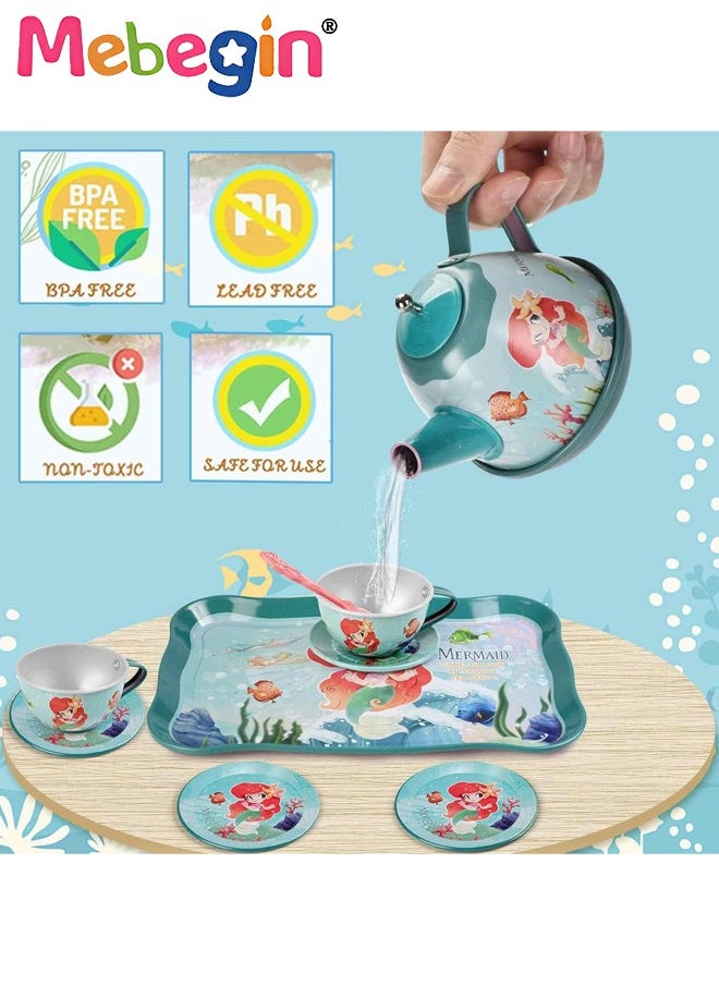 MEBEGIN 48pc Mermaid Tea Party Set for Little Girls,Birthday Gifts for Age 3 4 5 6 Year Old Girls,Pretend Tin Teapot, Cups, Plates,and Food Sweet Treats Playset for Princess Tea Time Play Kitchen Toys  - Image 5
