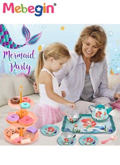 MEBEGIN 48pc Mermaid Tea Party Set for Little Girls,Birthday Gifts for Age 3 4 5 6 Year Old Girls,Pretend Tin Teapot, Cups, Plates,and Food Sweet Treats Playset for Princess Tea Time Play Kitchen Toys  - Image 2