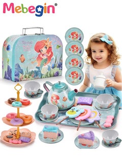 MEBEGIN 48pc Mermaid Tea Party Set for Little Girls,Birthday Gifts for Age 3 4 5 6 Year Old Girls,Pretend Tin Teapot, Cups, Plates,and Food Sweet Treats Playset for Princess Tea Time Play Kitchen Toys  - Image 1