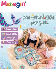 MEBEGIN 48pc Mermaid Tea Party Set for Little Girls,Birthday Gifts for Age 3 4 5 6 Year Old Girls,Pretend Tin Teapot, Cups, Plates,and Food Sweet Treats Playset for Princess Tea Time Play Kitchen Toys  - Image 4