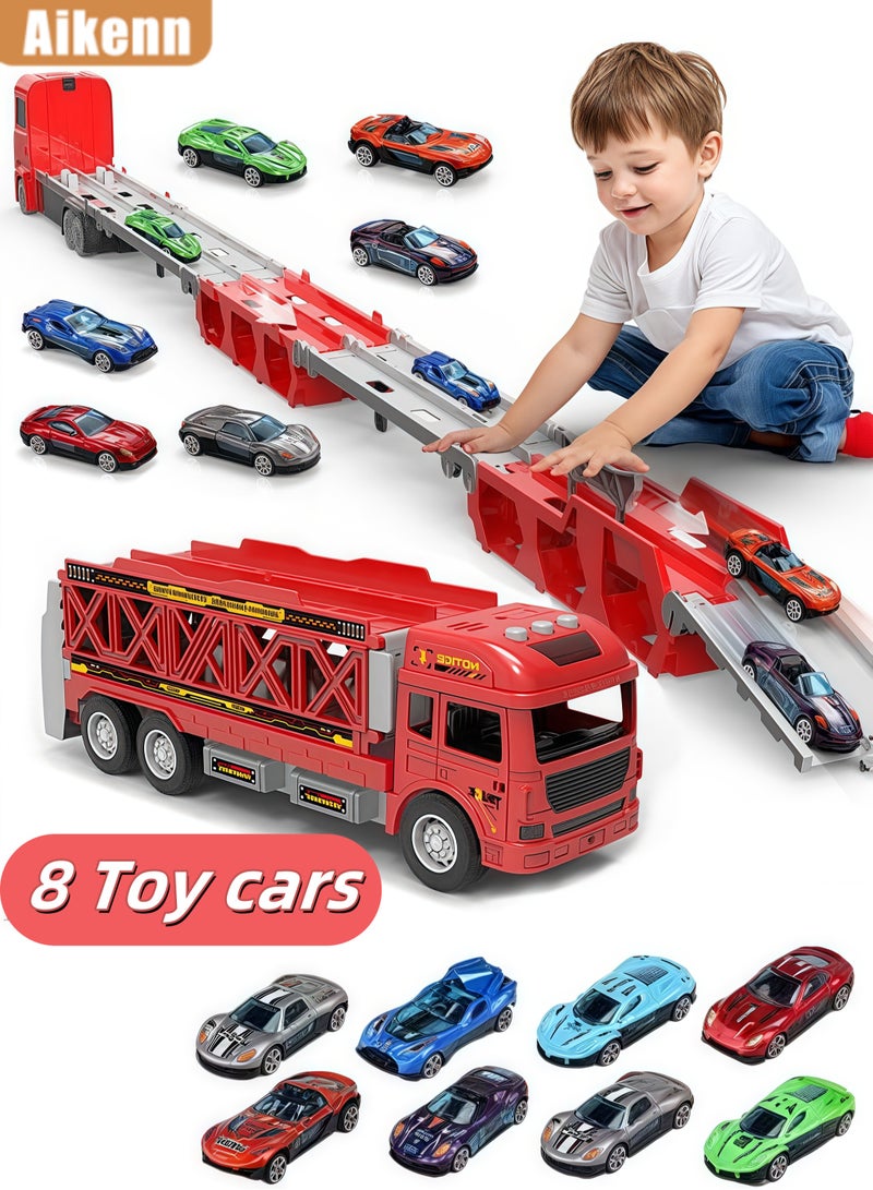 Aikenn Kids Transport Truck Toys, Dual Race Track and Ejection Car, Big Truck Folding Storage Track Alloy Racing Car Transporter Inertia Truck, 8 Metal Cars and Foldable Storage Transporter Set, Toddler Car Toy Gift for Boys and Girls - Image 1