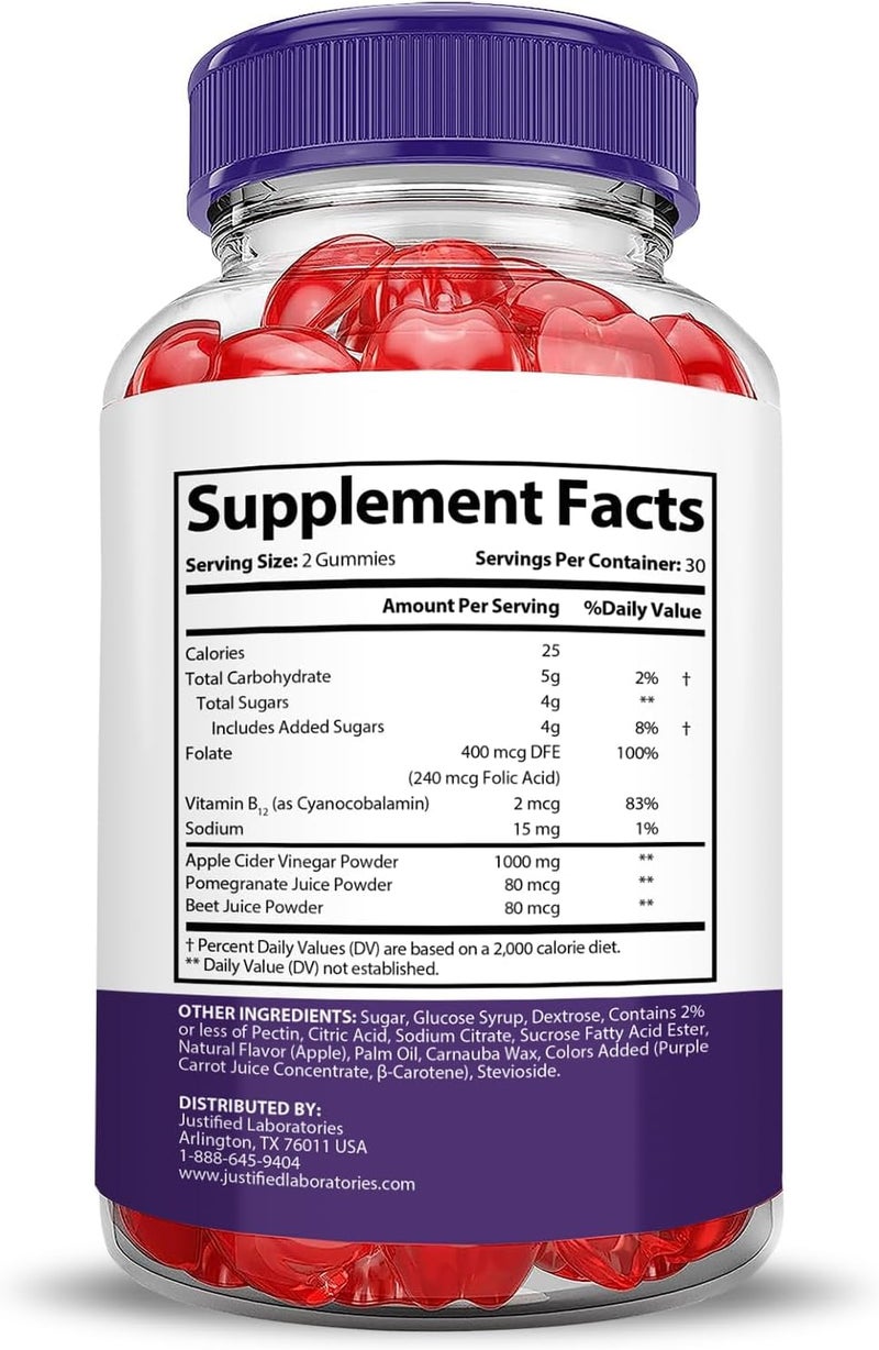 Justified Laboratories Ketocalm Nutrition Keto ACV Apple Cider Vinegar Formulated with Pomegranate Beet Juice Powder B12 Vegan Non GMO 60 Gummies - Image 2