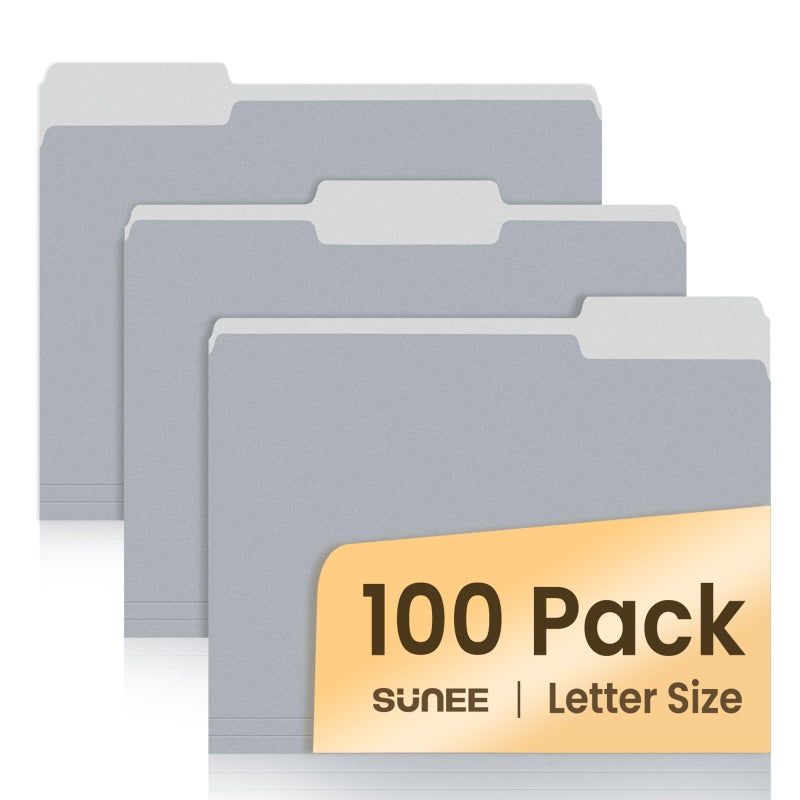 SUNEE File Folders Letter Size Gray, 100 Pack Manilla Folders 8.5 x 11 1/3-Cut Tabs, Colored File Folders Office Home School for Documents Files Paper - Image 1