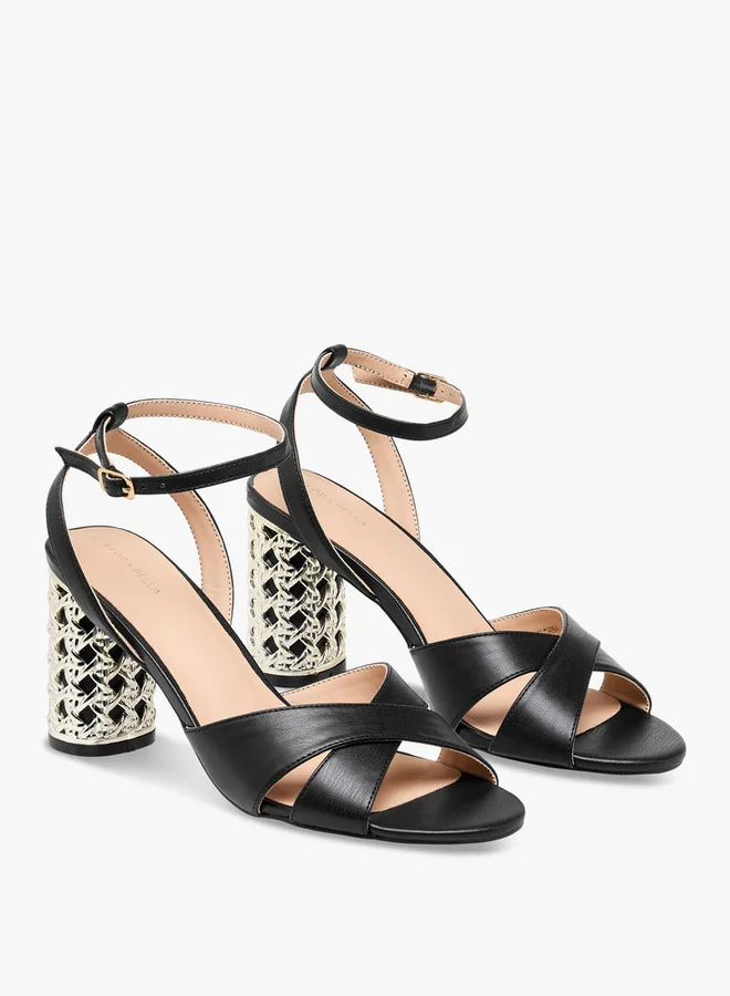 فلورا بيلا من شو إكسبرس Cross Strap Metallic Block Heel Sandals with Buckle Closure