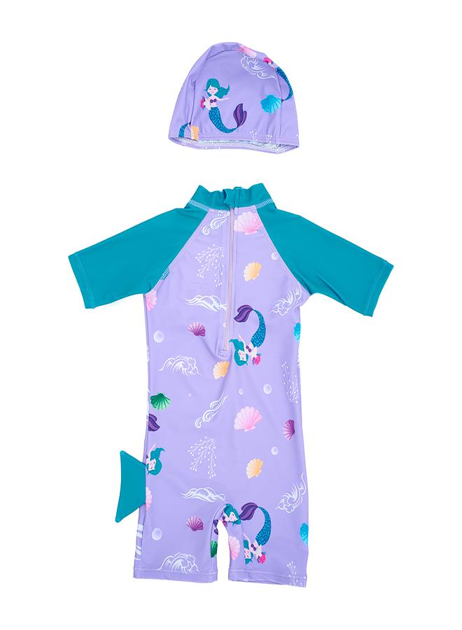 بيبي كلو بدلة سباحة بناتي بنفسجي حورية البحر قطعتين مع قبعة - Image 2