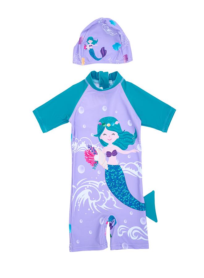 بيبي كلو بدلة سباحة بناتي بنفسجي حورية البحر قطعتين مع قبعة - Image 1