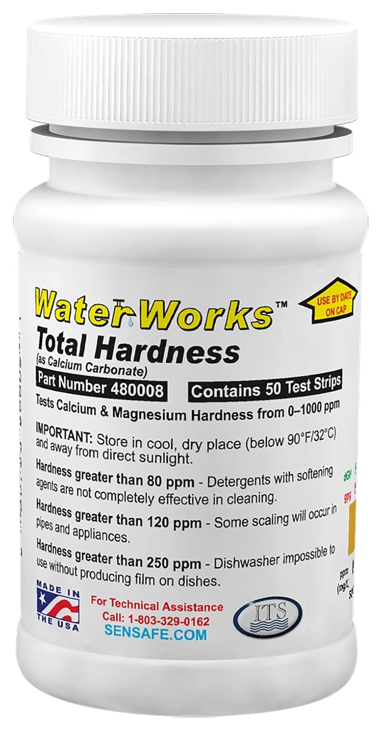 Industrial Test Systems WaterWorks 481108 Total Hardness Test Strip, 3 Second Test, 0-1000ppm Range, Our #1 Test Strip for Total Hardness, Bottle of 50 Tests, Tan - Image 1
