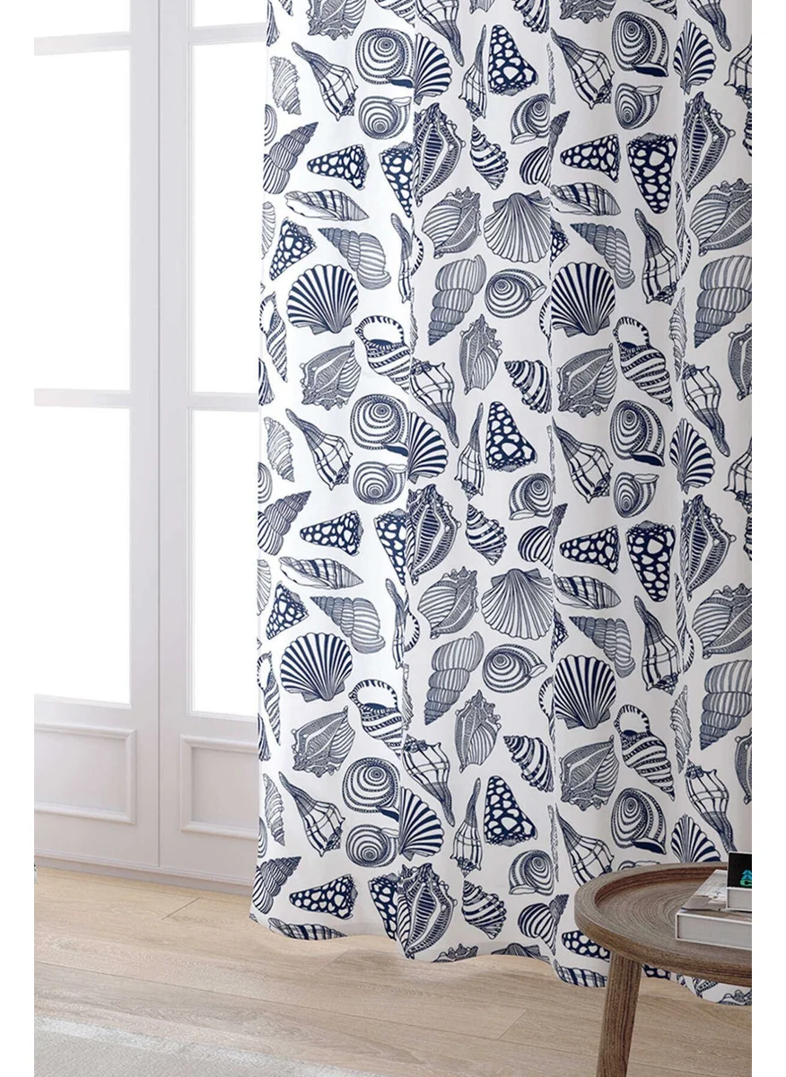 Cango Home White Navy Blue Marine Patterned Digital Printed Curtain OTYK816-PR