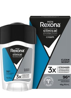 Rexona Men Maximum Protection Deodorant Cream Clean Scent Anti Perspirant with 3x Protection for Stress provides 96 hours 45 ml 