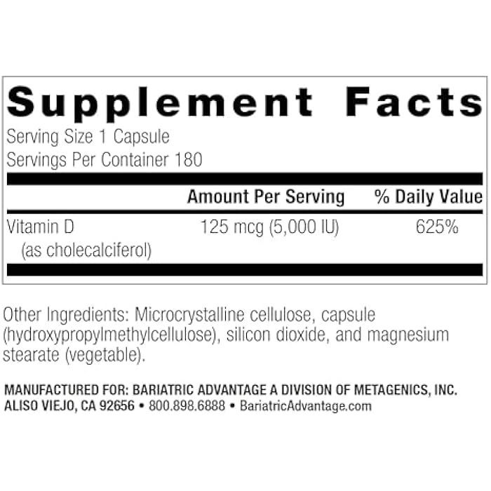 Bariatric Advantage Vitamin D3 5,000 IU - Bariatric Vitamin D Capsules - Water-Miscible - Bone Strength Support* - Easy Swallow Capsule - 180 Count - Image 2