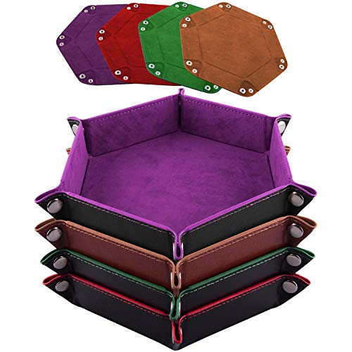 SIQUK 4 Pieces Dice Tray Hexagon Dice Rolling Tray Folding PU Leather Velvet Dice Tray for Dungeons and Dragons RPG DND Dice Game, 4 Colours - Image 1