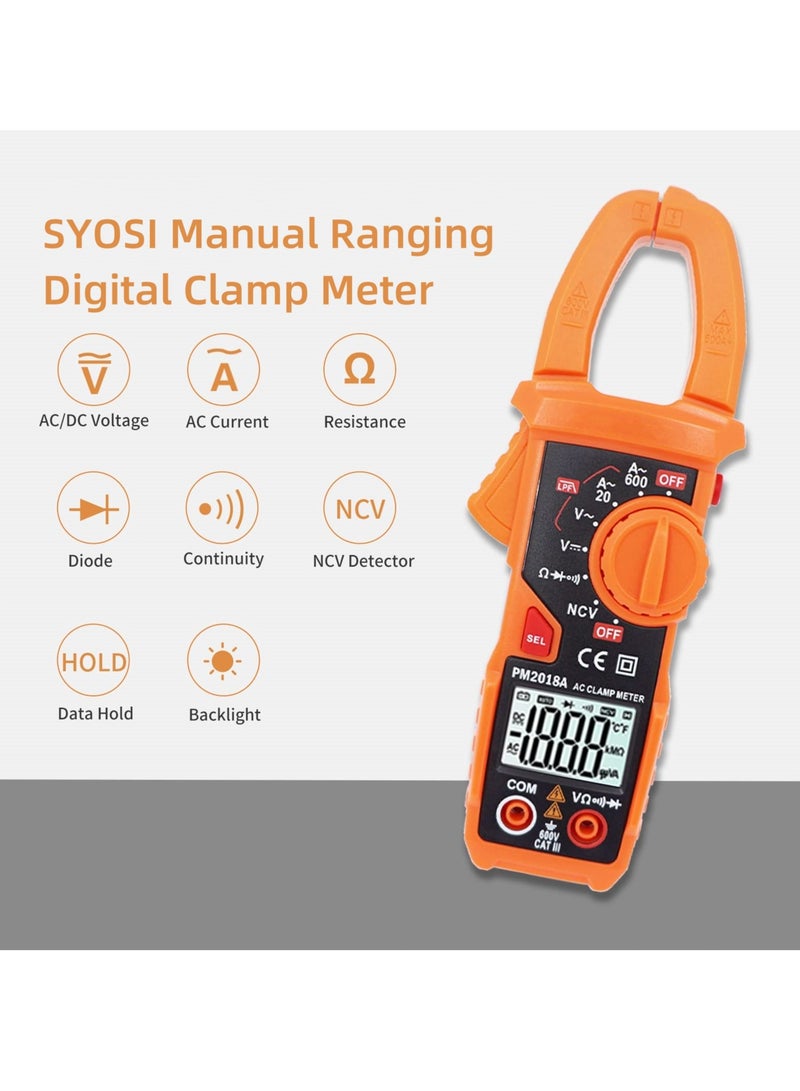 SYOSI Digital Clamp Meter, 2000 Counts Clamp Multimeter, Manual-Ranging Multimeter, AC/DC Voltage Tester, 600A Voltage Tester for AC/DC Voltage, AC Current, Resistance, NCV, LPF, Diodes, Continuity - Image 2