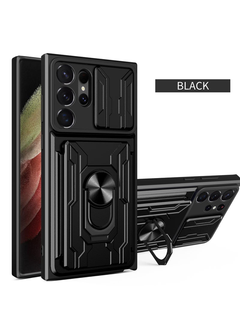 for Samsung Galaxy S25 Ultra Case, Card Holder & Slide Camera Lens Cover, Magnetic Ring Holder Kickstand Protective Phone Case for Samsung Galaxy S25 Ultra, Black  - Image 1
