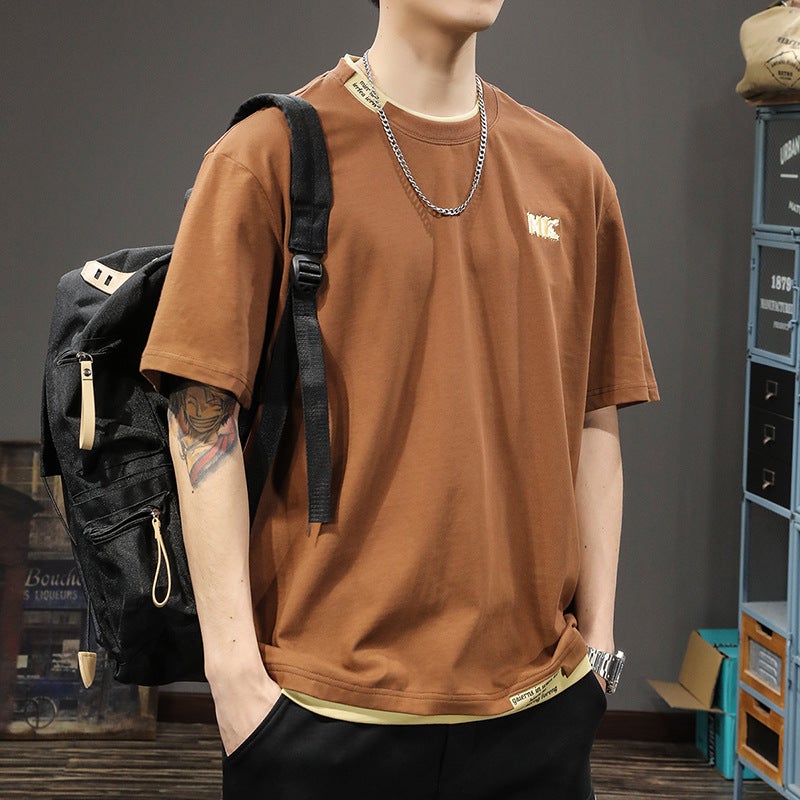 Summer Trendy Brand Pure Cotton Half-Sleeved T-Shirt Men'S Loose Plus Size American-Style Heavy-Weight Fake Two-Piece Round Neck Short-Sleeved Top Ins Trendy - Image 4