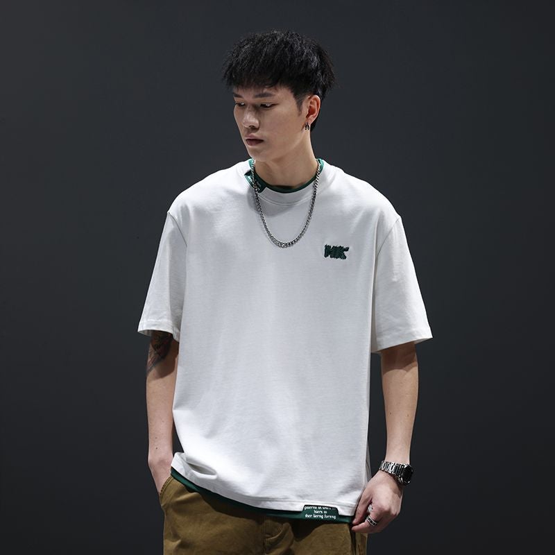 Summer Trendy Brand Pure Cotton Half-Sleeved T-Shirt Men'S Loose Plus Size American-Style Heavy-Weight Fake Two-Piece Round Neck Short-Sleeved Top Ins Trendy - Image 5