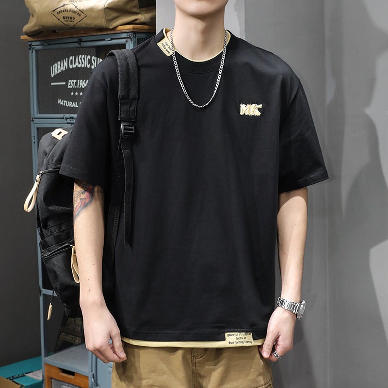 Summer Trendy Brand Pure Cotton Half-Sleeved T-Shirt Men'S Loose Plus Size American-Style Heavy-Weight Fake Two-Piece Round Neck Short-Sleeved Top Ins Trendy - Image 1