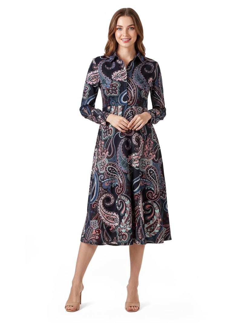 HELLCAT Womens Floral Printed Black Collar Neck Dress | Western A-Line Midi Dress for Womens_Black_XX-Small - Image 1