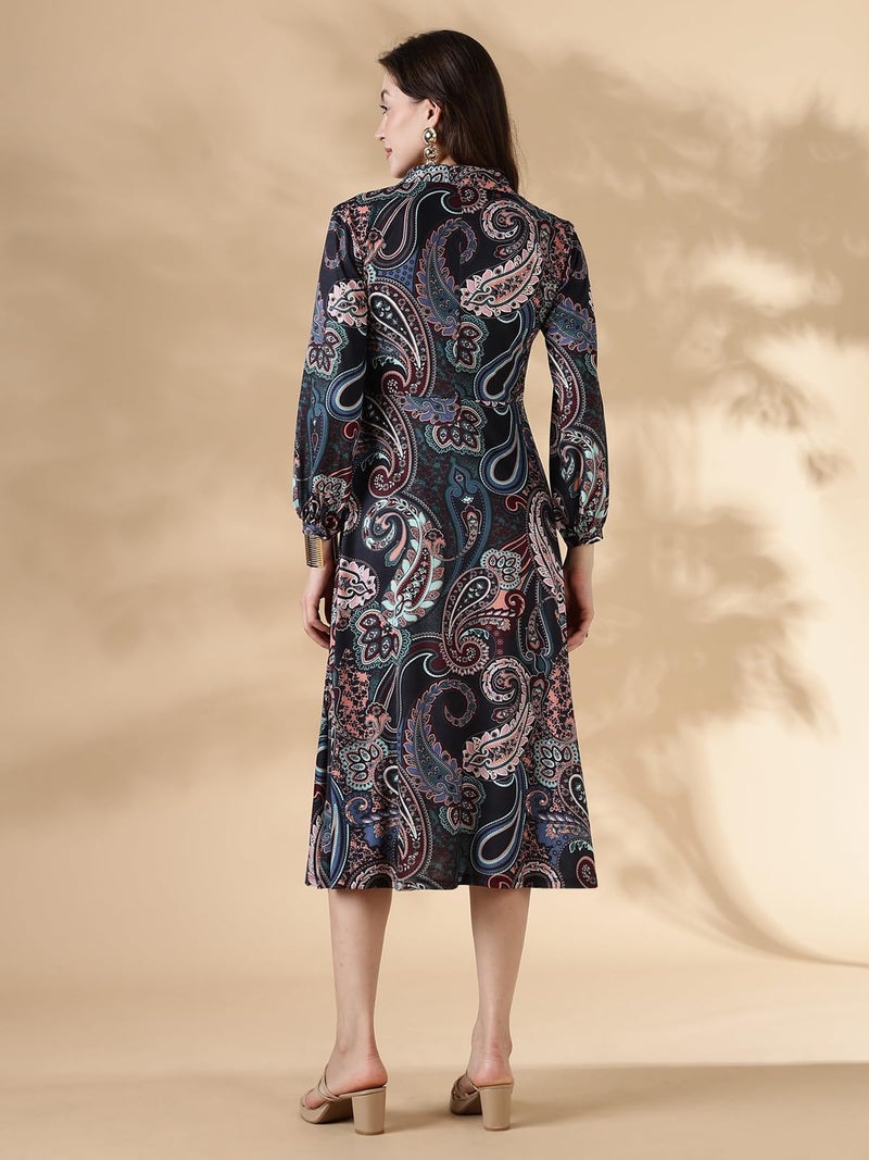 HELLCAT Womens Floral Printed Black Collar Neck Dress | Western A-Line Midi Dress for Womens_Black_XX-Small - Image 3