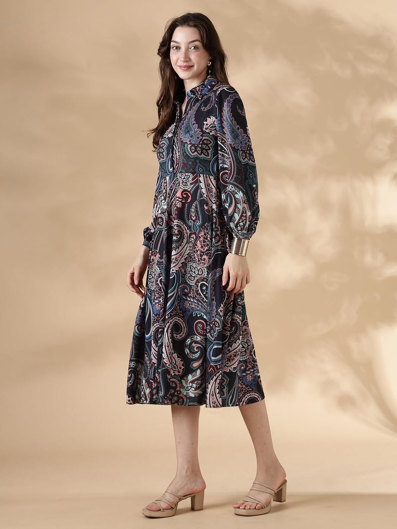 HELLCAT Womens Floral Printed Black Collar Neck Dress | Western A-Line Midi Dress for Womens_Black_XX-Small - Image 4