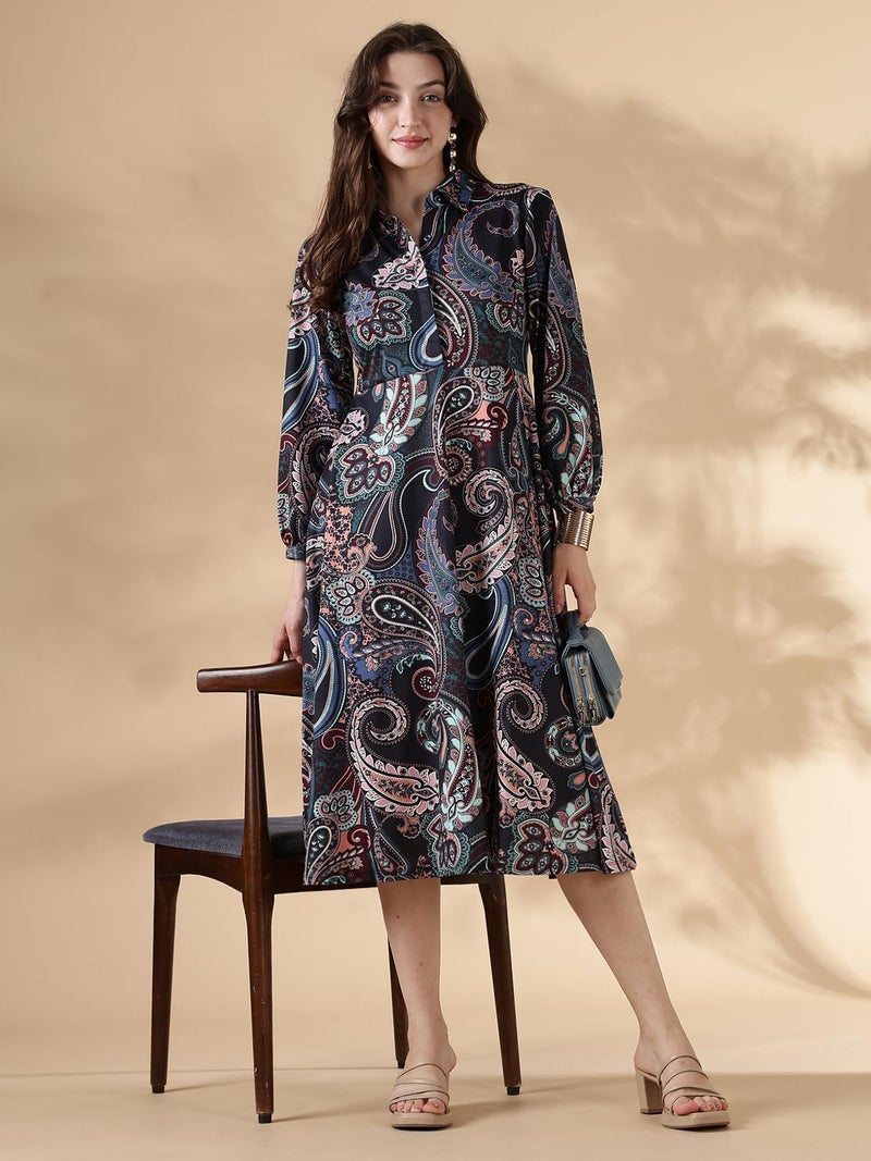 HELLCAT Womens Floral Printed Black Collar Neck Dress | Western A-Line Midi Dress for Womens_Black_XX-Small - Image 5