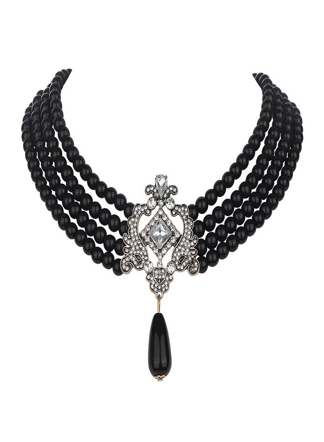 Wiwpar Multilayer Pearl Cluster Bib Choker Necklace with Crystal and Black Pearls - 1920s Flapper Style Halloween Accessory for Women - Image 1