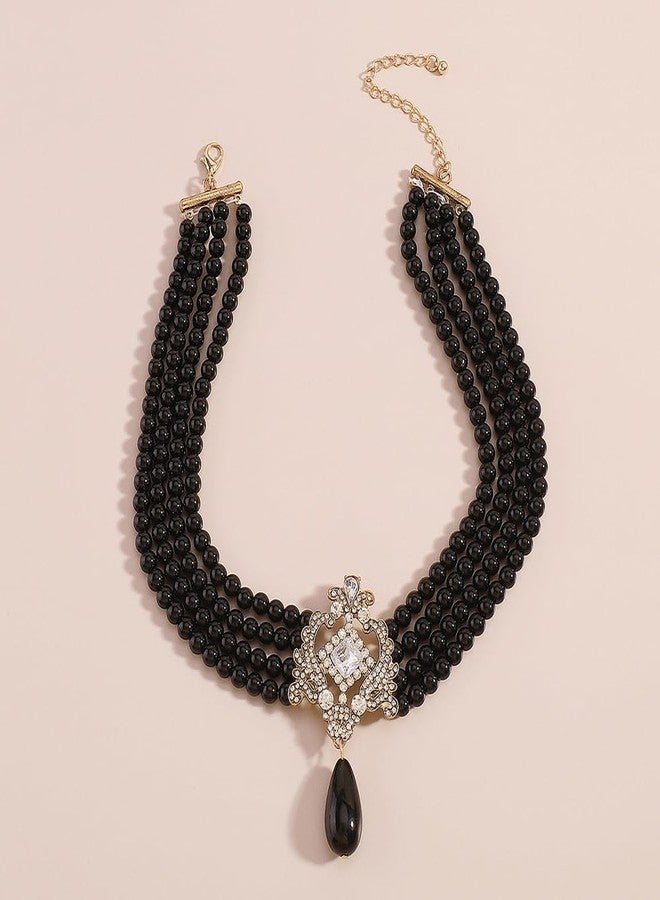 Wiwpar Multilayer Pearl Cluster Bib Choker Necklace with Crystal and Black Pearls - 1920s Flapper Style Halloween Accessory for Women - Image 5