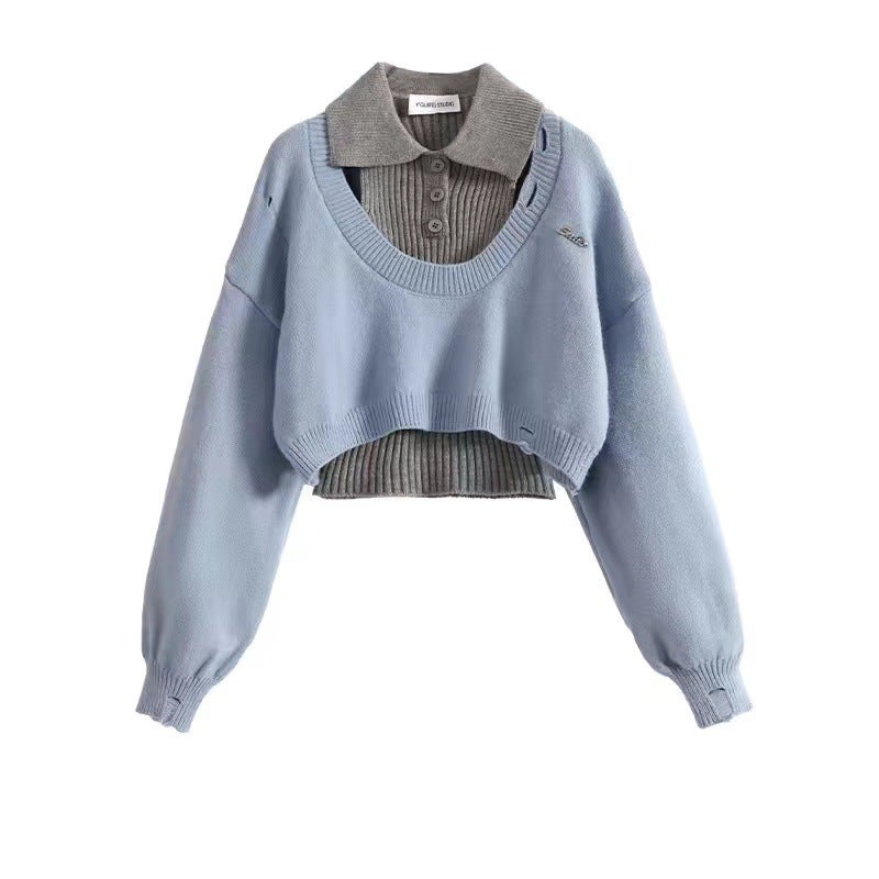 Preppy Crop Sweater Women Autumn Winter Two-Piece Knit Outfit Blue two-piece set [straight hair at the counter]