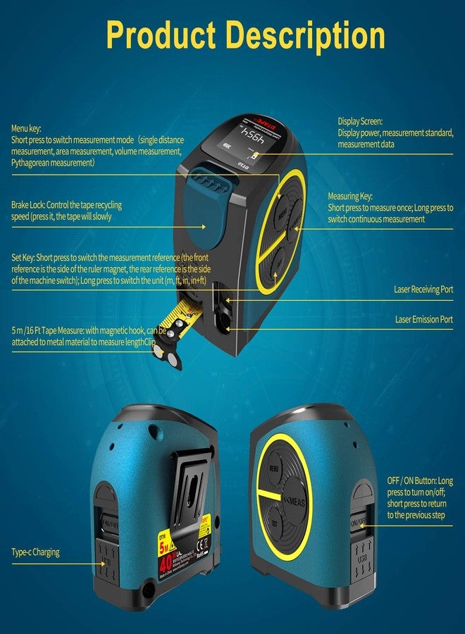 DTAPE Laser Tape Measure 2-in-1, 131Ft Laser Range Finder, 16Ft Tape, IP54 Waterproof, Nylon Coated, DIY - Image 2
