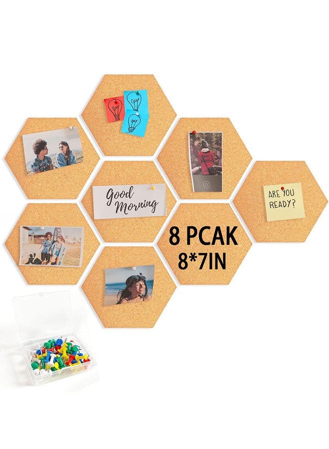 Cork Board Tiles, 8 PCS Self-Adhesive Hexagon Cork Bulletin Board with 50 PCS Color Push Pins for Home Office Decor, Cork Boards Memos Photos Display - Image 1